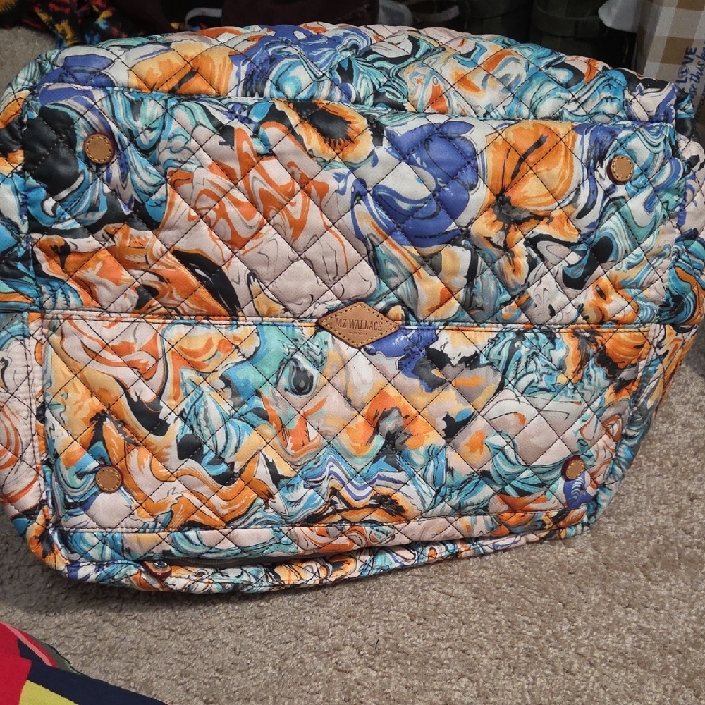 Quilted Floral Tote Bag in Blue and Orange - Picture 3 of 16